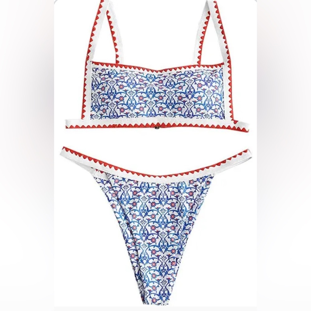 Blue and Red Patterned Bikini Set
